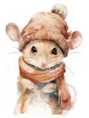 Ai Generated Art Watercolor Portrait Of Cute Childish Mouse In an Pink Hat and Scarf in Pastel Colors Isolated On White Background