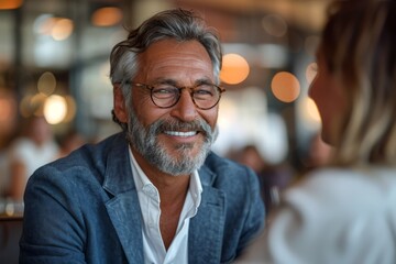 Portrait of an older man with glasses smiling warmly during a conversation - obrazy, fototapety, plakaty