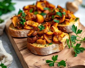 Bruschetta with chanterelle mushrooms on wooden board. Food and appetizers. Mediterranean cuisine. 