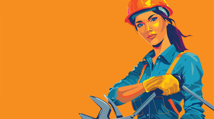 Young female builder with pliers on orange background