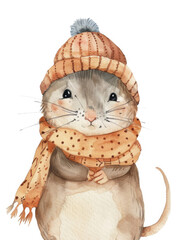 Ai Generated Art Watercolor Portrait Of Cute Childish Mouse In an Orange Hat and Scarf in Pastel Colors Isolated On White Background