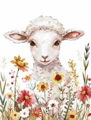 Ai Generated Art Watercolor Portrait Of Cute Childish Pink Baby Lamb Sheep in Pastel Colors Isolated On White Background