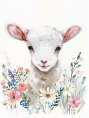 Ai Generated Art Watercolor Portrait Of Cute Childish White Baby Lamb Sheep in Pastel Colors Isolated On White Background
