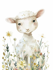 Ai Generated Art Watercolor Portrait Of Cute Childish White Baby Lamb in Pastel Colors Isolated On White Background
