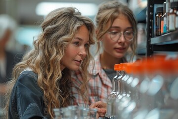 Two young women, with similar features suggesting a close relationship, are shopping for beauty products together