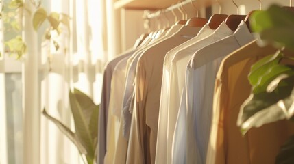 Quality image of sunny day with clean clothes on hangers at indoor dry-cleaning shop