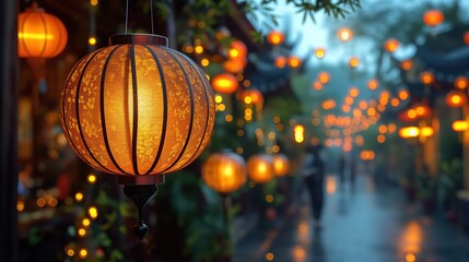 beautiful traditional ancient Asian town decorated with lanterns,  spring lantern festival, Generative Ai