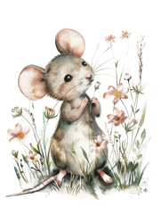 Ai Generated Art Watercolor Portrait Of Cute Mouse In a Flower Field in Pastel Colors Isolated On White Background