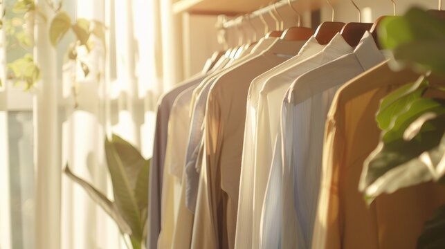Quality image of sunny day with clean clothes on hangers at indoor dry-cleaning shop