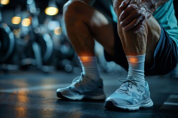 A detailed view of contemporary athletic shoes on a male senior in a gym environment, emphasizing...