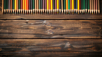 A wooden background with a row of colored pencils on it. The pencils are arranged in a rainbow pattern, with the colors ranging from red to yellow to green. Concept of creativity and inspiration - obrazy, fototapety, plakaty