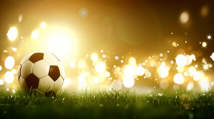 A soccer ball is on a green field with a bright sun shining on it. The field is surrounded by a blurry background, giving the impression of a dreamy, ethereal atmosphere