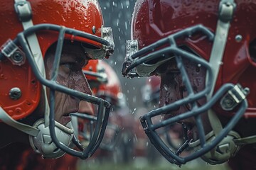 An American football helmet is closely captured with rain droplets highlighting the gritty texture and intensity of the sport - obrazy, fototapety, plakaty
