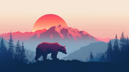 A lone bear silhouette stands before a stunning mountain sunset, evoking wilderness serenity.