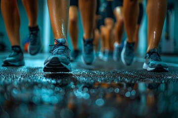 A dynamic capture of athletes' legs in motion, emphasizing the shiny wet surface of an athletics track