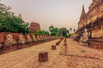 background of important religious tourist attractions in Ayutthaya Province of Thailand,Wat Yai Chai Mongkol,has an old Buddha image from the Krungsri period,allowing tourists from all over the world