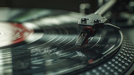 A closeup shot of a record player spinning a vinyl record