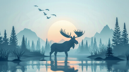 Misty morning scene with a moose silhouette in a tranquil forest by the water at dawn.