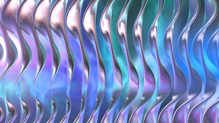 3D abstract iridescent metallic waves background.