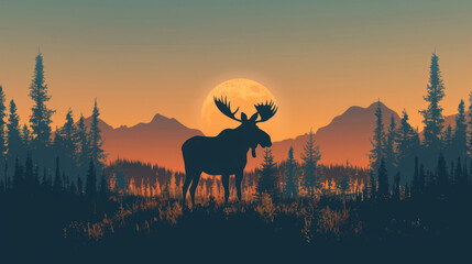 A striking silhouette of a majestic moose with a full moon rising over a serene forest landscape at dusk.