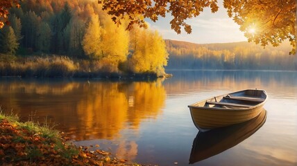 A boat floats on the calm water on autumn forest background. AI generated
