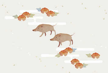 並んで歩く２頭の猪　牡丹　霞　干支　十二支　亥年　年賀状デザインd