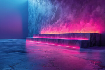 A neonlit wall with glowing lines and vibrant colors, reflecting on wet concrete floor. Created with Ai