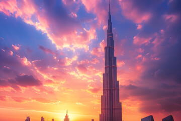 Grand and majestic tall tower immersed in a breathtaking sunset  - obrazy, fototapety, plakaty