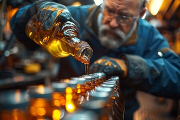 This dynamic image captures an industrial scene of a worker meticulously pouring liquid into assembly line bottles