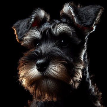 Zwergschnauzer puppy, colour black with silver, backlighting, well highlighted coat on dark background.Close-up
