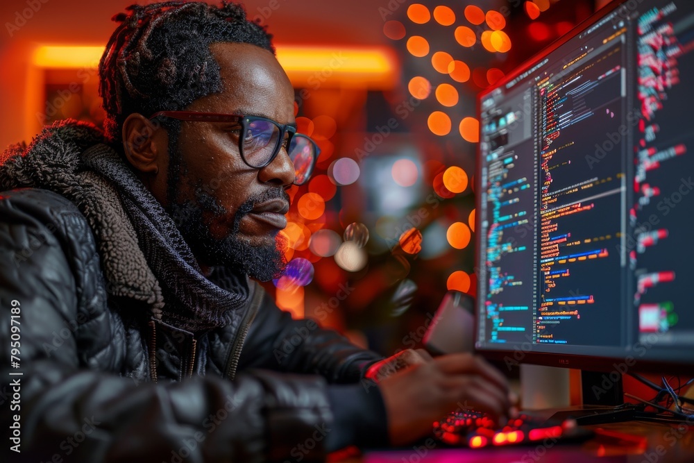 Poster hipster programmer coding on computer in a vibrant, bokeh-lit environment, depicting late-night work