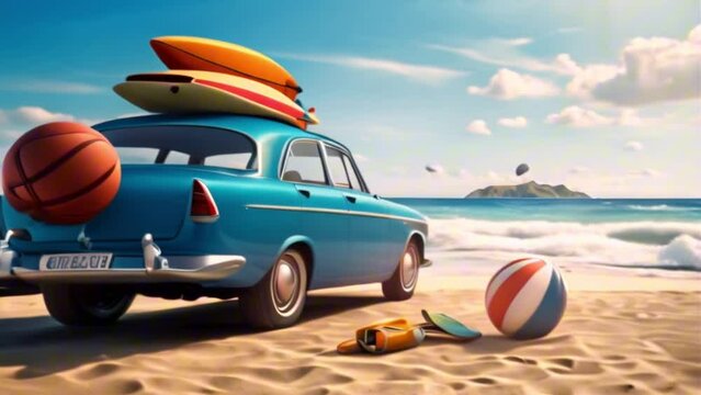 A classic car with a surfboard on top is on the beach with a view of the island in front and sunny weather with clouds and sand.