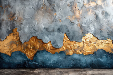  wall with dark blue and gold abstract texture. Created with Ai