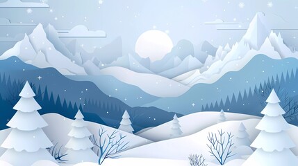 Winter landscape with snowy mountains, pine trees and hills in paper cut craft style design