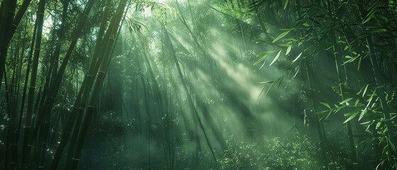 Sunlight filters through dense bamboo forest, casting shadows and creating a peaceful, natural atmosphere.