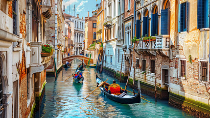 Scenic canal with gondolas and old architecture 