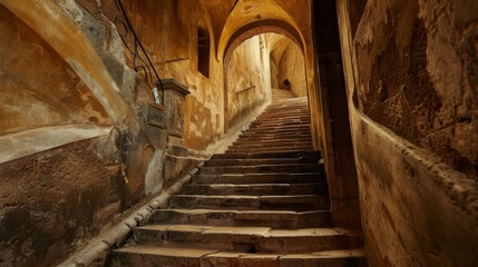 Wide-angle shot of a staircase in an ancient castle, steeped in history