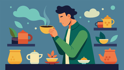 A man closing his eyes in concentration as he takes in the fragrant scents of the teas in the Fine Tea Collection..