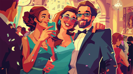 Young people taking selfie on prom night Vector illustration - obrazy, fototapety, plakaty