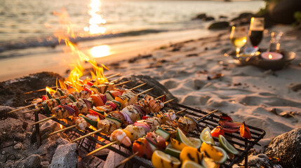 A cheerful beachside barbecue with friends, as savory skewers of seafood and colorful grilled vegetables sizzle over an open flame. - obrazy, fototapety, plakaty