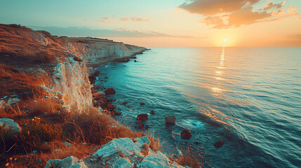 A beautiful sunset over the ocean with a rocky shoreline