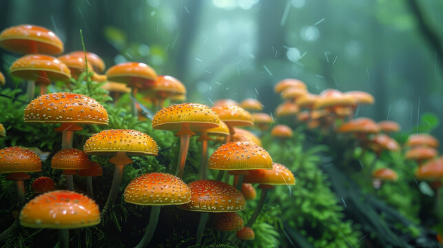 A field of orange mushrooms with a green background