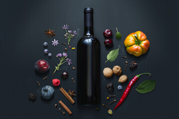 Flavor components of red wine. Wine bottle mock-up