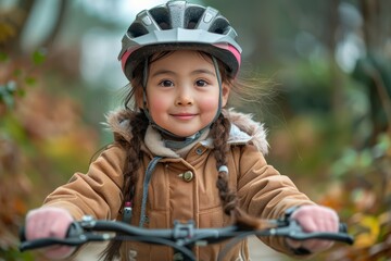 A smiling Asian girl, wearing a protective helmet, is riding a bike down a street in her neighborhood isolated on her blurred house background in the daytime.