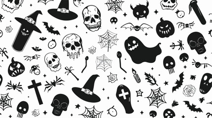 Halloween black and white seamless pattern with all style