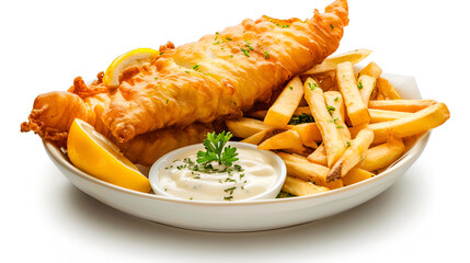 fish and chips with french fries isolated on white background,  Fish and Chips, Flavors of Fish and Chips,  fish and chips  unhealthy food