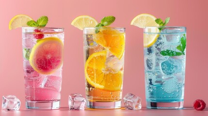 Three glasses of different colored drinks with ice cubes and fruit, AI