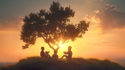 Children in a forest clearing under a large tree, each reading a book, occasionally sharing intriguing stories as the sun sets behind them