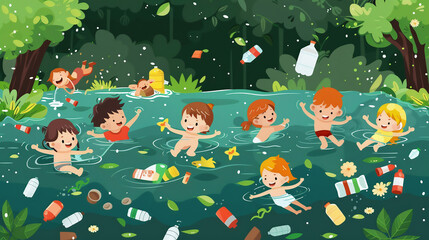 children swim in a river made of garbage. ecological disaster. Environment pollution problem.