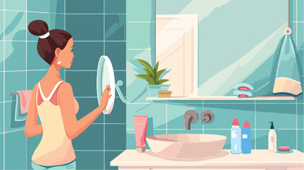 Young woman cleaning mirror in her bathroom Vector illustration